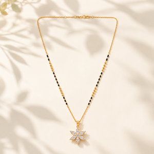 KZ Gold Plated Marquise Starburst CZ Mangalsutra for Women Black Bead Chain Flower Star Pendant FS
