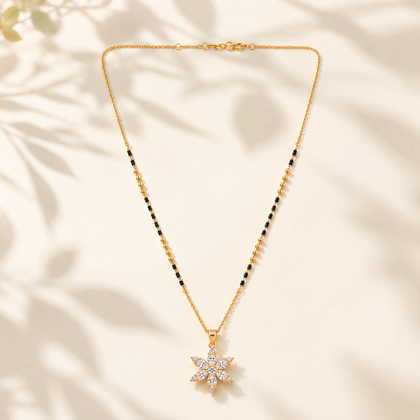 KZ Gold Plated Marquise Starburst CZ Mangalsutra for Women Black Bead Chain Flower Star Pendant FS
