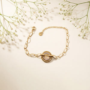 Gold Plated Oval Link Chain Bracelet with Interlocking Double Circle White Stone Halo Charm Center