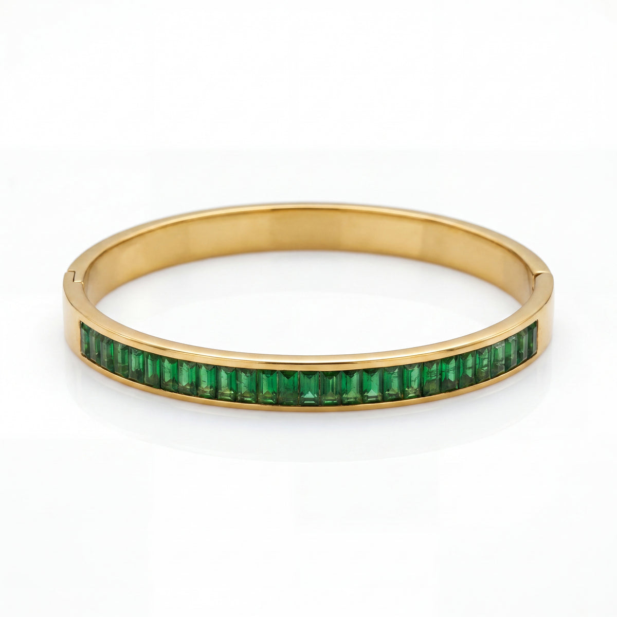 Slim Green Emerald Baguette Eternity Baby Kada Bangle | Gold Plated Stackable Bracelet for Women