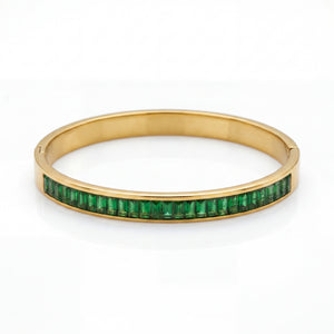 Slim Green Emerald Baguette Eternity Baby Kada Bangle | Gold Plated Stackable Bracelet for Women