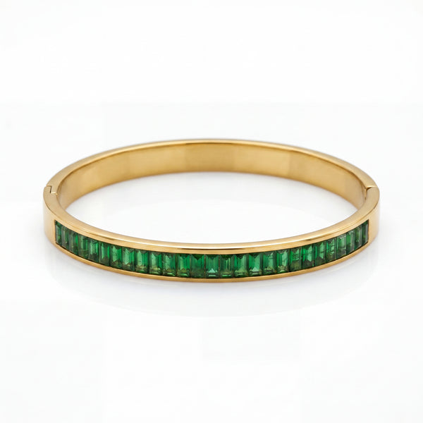 Slim Green Emerald Baguette Eternity Baby Kada Bangle | Gold Plated Stackable Bracelet for Women