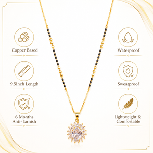 KZ Gold Plated Round Halo Solitaire CZ Mangalsutra for Women Black Bead Chain Big Stone Pendant FS