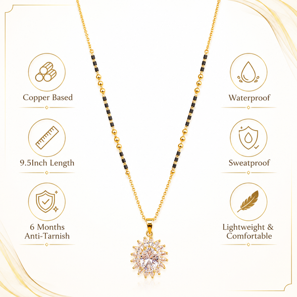 KZ Gold Plated Round Halo Solitaire CZ Mangalsutra for Women Black Bead Chain Big Stone Pendant FS