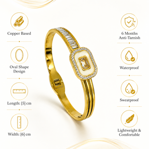 Gold Triple Rail Rectangular Solitaire Baguette Frame Kada for Women | Three Row Band Stainless Steel Ladies Bangle | Premium Festive Jewellery