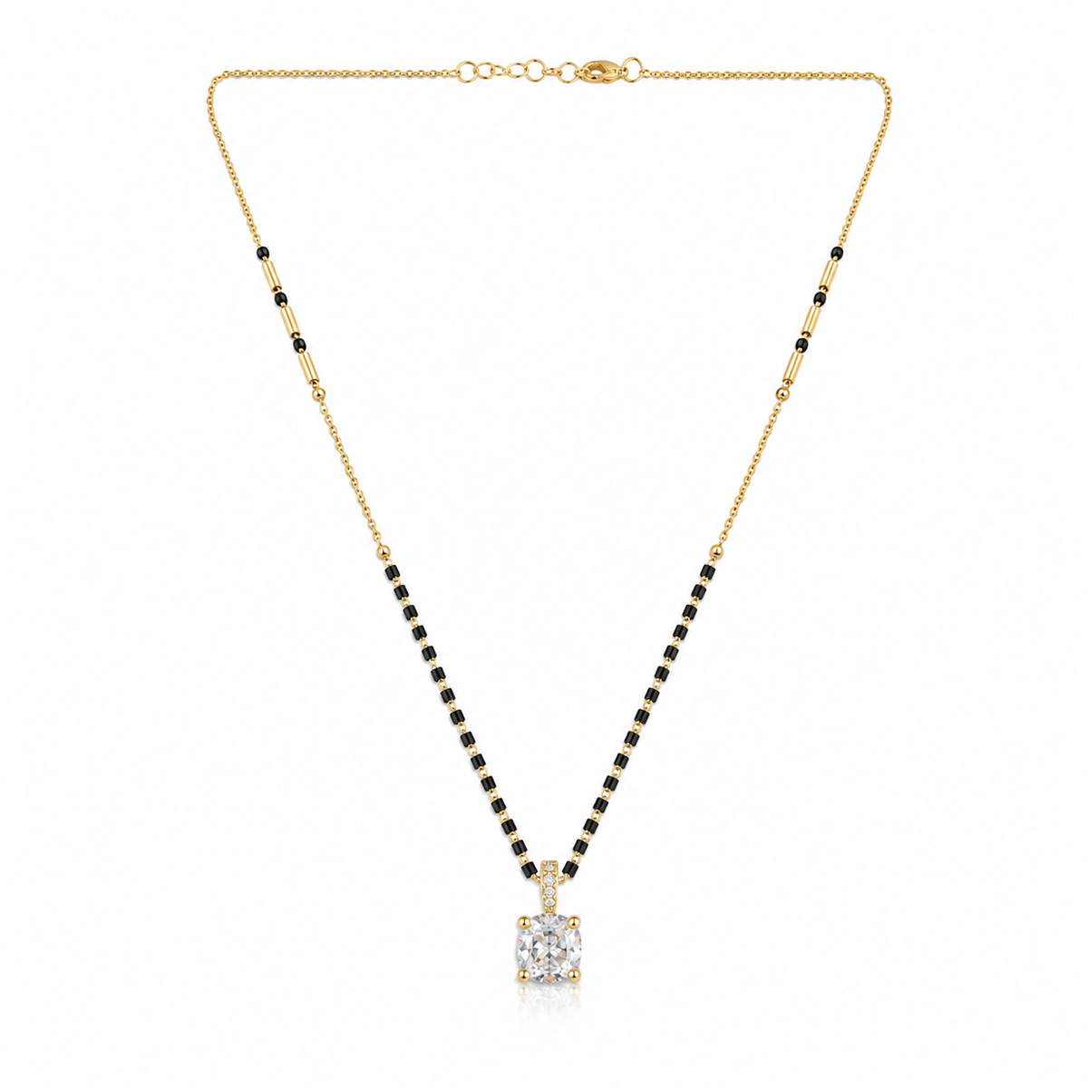 KZ Gold Plated Princess Cut Square CZ Solitaire Mangalsutra for Women Black Bead Chain Pendant FS