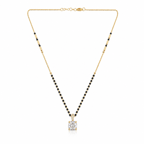 KZ Gold Plated Princess Cut Square CZ Solitaire Mangalsutra for Women Black Bead Chain Pendant FS