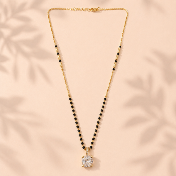 KZ Gold Plated Princess Cut Square CZ Solitaire Mangalsutra for Women Black Bead Chain Pendant FS