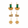 Earrings Antique Fan Emerald, Pave Wave Bow & Gold Floral Stud Earrings Set of 3 Pairs