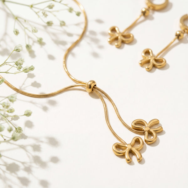 Anti tranish Gold plated 140 No. Minimal Bow pendant Chain with Hanging Bow earrings for adults - 1 Pc