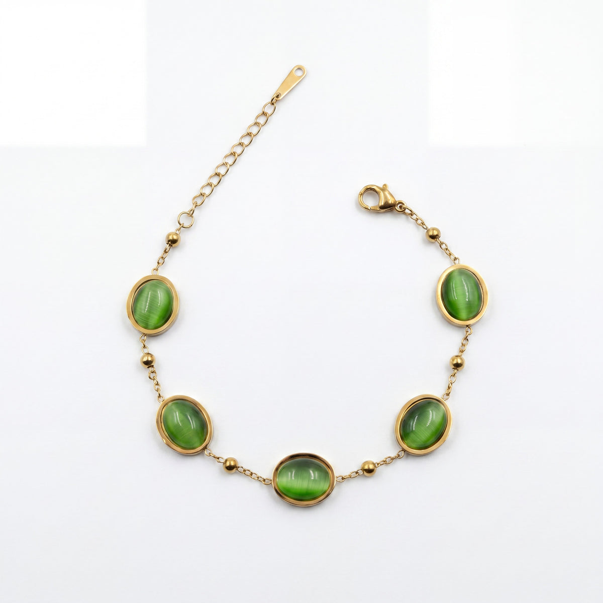 Gold Plated Green Oval Cabochon Stone Bezel Station Delicate Chain Bracelet with Lobster Clasp