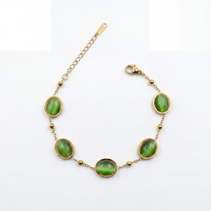 Gold Plated Green Oval Cabochon Stone Bezel Station Delicate Chain Bracelet with Lobster Clasp