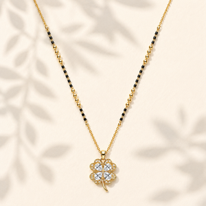 KZ Gold Plated 4 Leaf Clover CZ Mangalsutra for Women Black Bead Chain with White Stone Pendant FS