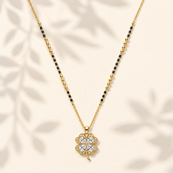 KZ Gold Plated 4 Leaf Clover CZ Mangalsutra for Women Black Bead Chain with White Stone Pendant FS