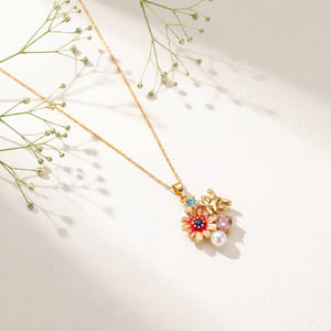 Gold Red Enamel Floral Cluster Pendant Chain Anti-Tarnish Necklace