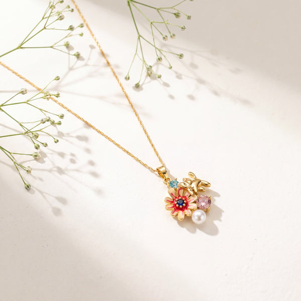 Gold Red Enamel Floral Cluster Pendant Chain Anti-Tarnish Necklace