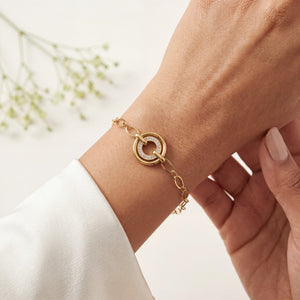 Gold Plated Oval Link Chain Bracelet with Interlocking Double Circle White Stone Halo Charm Center