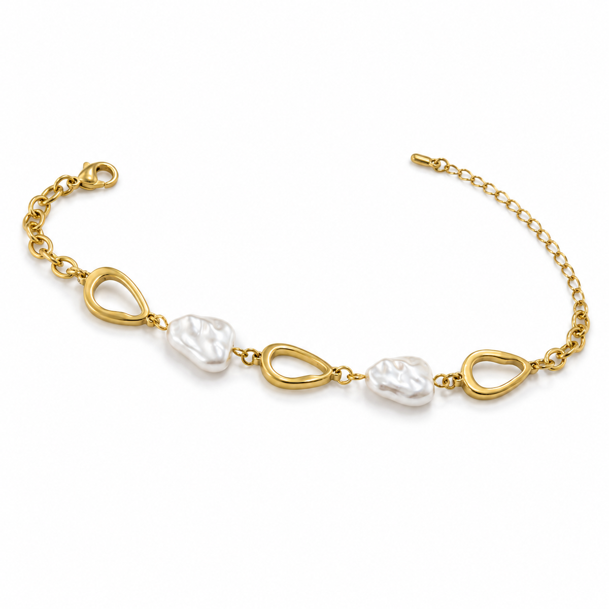 Gold Plated Adjustable Chain Bracelet with Alternating Open Oval Rings and Baroque White Pearl Drops