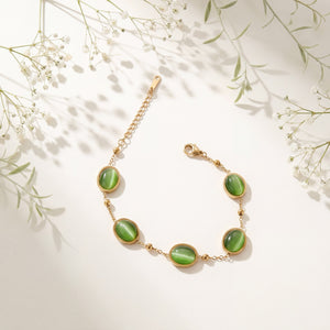 Gold Plated Green Oval Cabochon Stone Bezel Station Delicate Chain Bracelet with Lobster Clasp