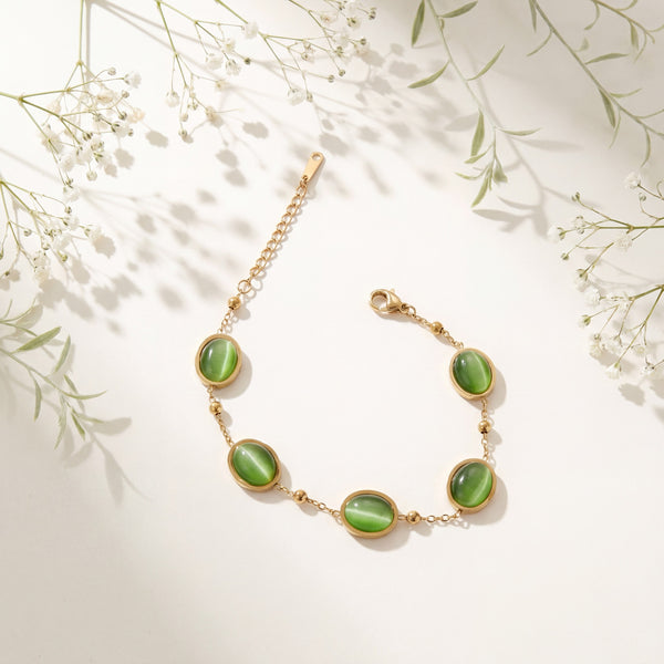 Gold Plated Green Oval Cabochon Stone Bezel Station Delicate Chain Bracelet with Lobster Clasp