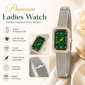 Watches Two-Tone Rectangular Green Dial Crystal Studded Bezel Bracelet Watch for Women