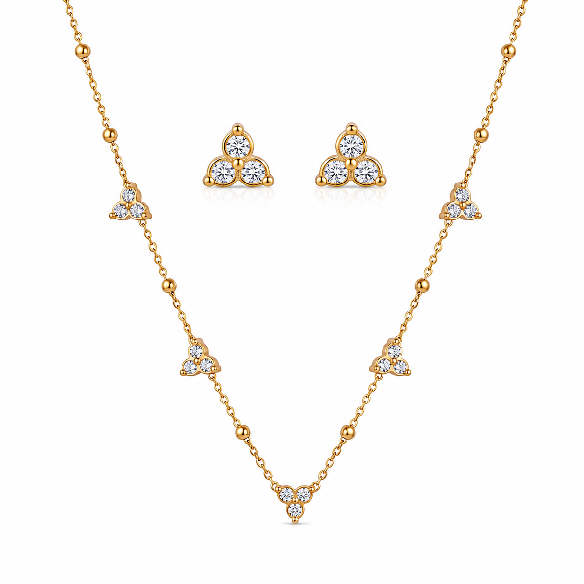 Anti tranish Gold plated 150 No. Minimal white traingle pendant Chain with Studd white traingle earring for adults - 1 Pc