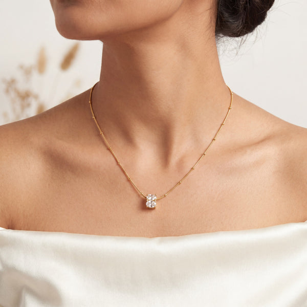 Gold Cushion Cut CZ Solitaire Pendant Chain Anti-Tarnish Necklace