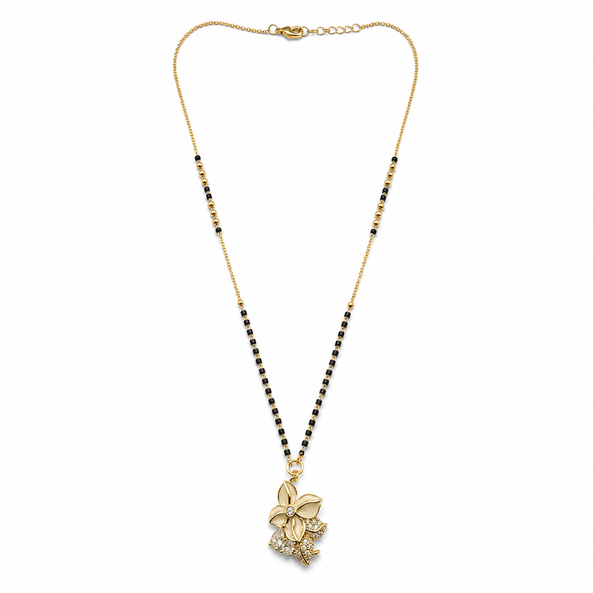 KZ Gold Plated Large Floral Bloom CZ Mangalsutra for Women Black Bead Chain Big Flower Pendant FS