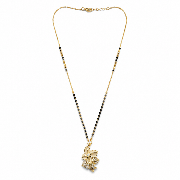 KZ Gold Plated Large Floral Bloom CZ Mangalsutra for Women Black Bead Chain Big Flower Pendant FS