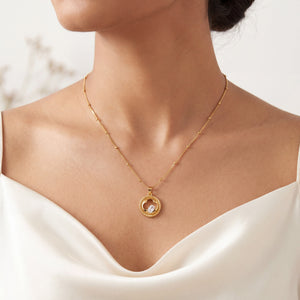 Gold Circle Frame Black & CZ Accent Pendant Chain Anti-Tarnish Necklace
