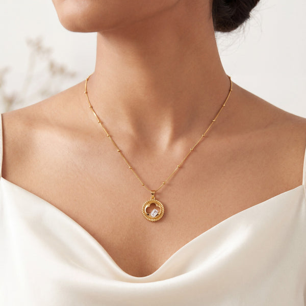 Gold Circle Frame Black & CZ Accent Pendant Chain Anti-Tarnish Necklace