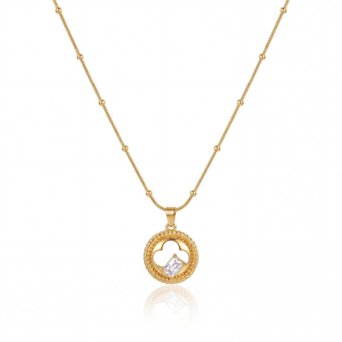Gold Circle Frame Black & CZ Accent Pendant Chain Anti-Tarnish Necklace