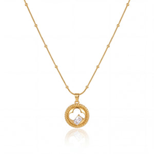 Gold Circle Frame Black & CZ Accent Pendant Chain Anti-Tarnish Necklace