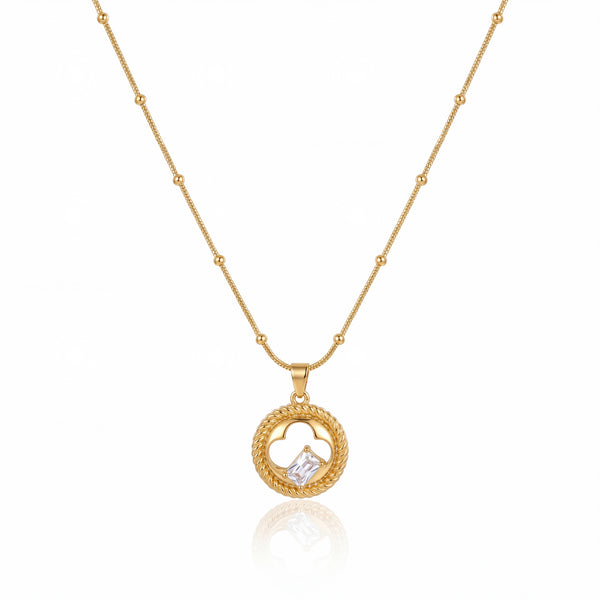 Gold Circle Frame Black & CZ Accent Pendant Chain Anti-Tarnish Necklace