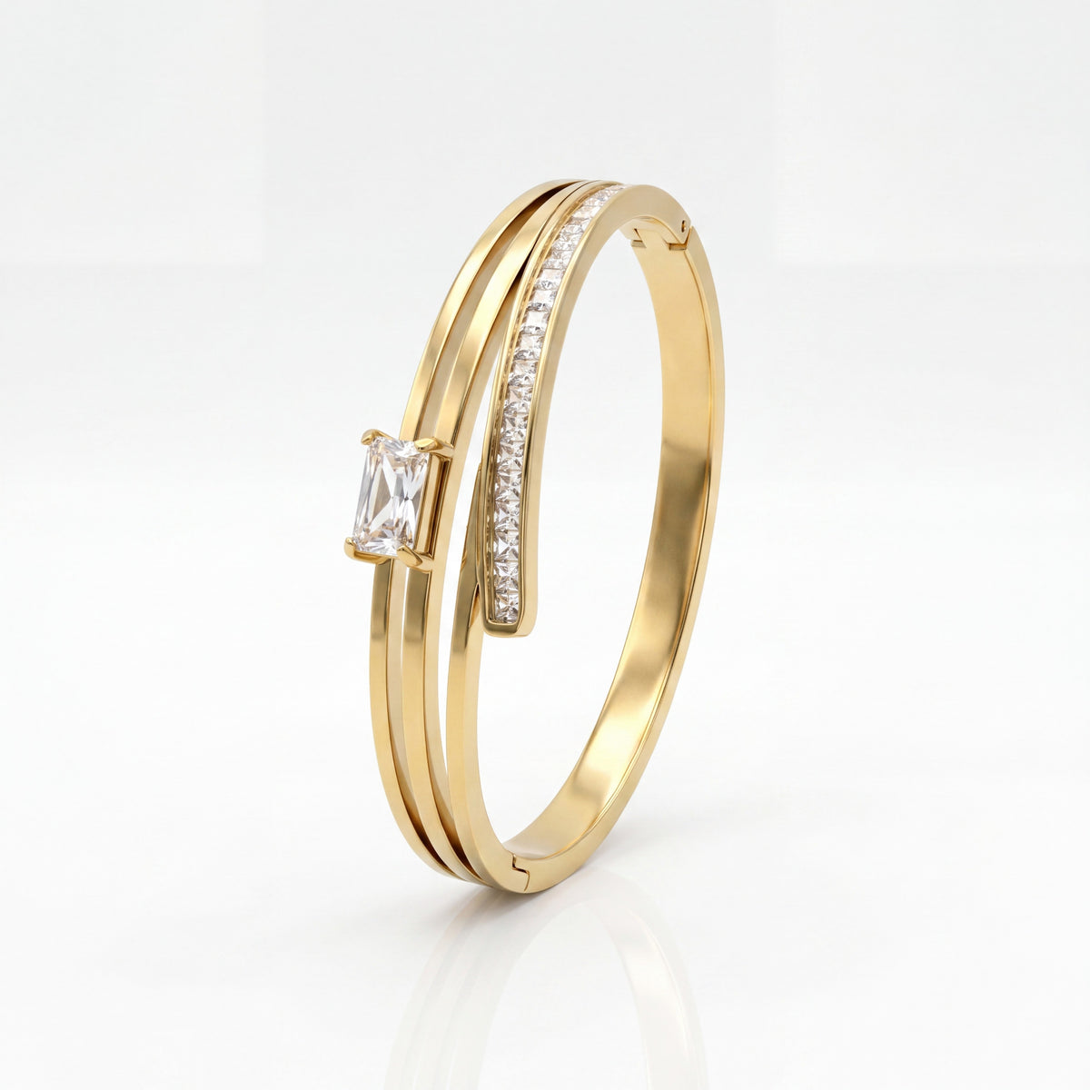 Emerald Cut CZ Dual Band Baby Kada Bangle | Gold Plated Slim Stackable Bracelet for Women