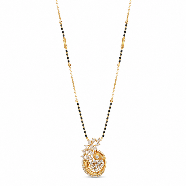 KZ Gold Plated Round Medallion Floral CZ Mangalsutra for Women Black Bead Chain Disc Pendant FS