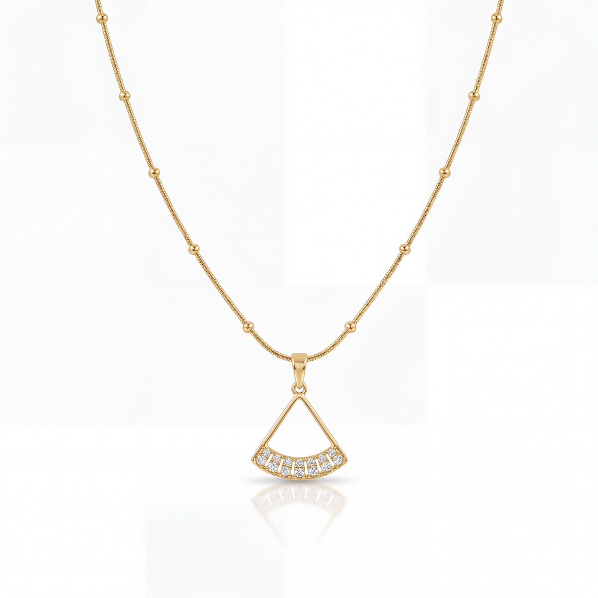 Gold Fan Shaped CZ Pendant Chain Anti-Tarnish Necklace