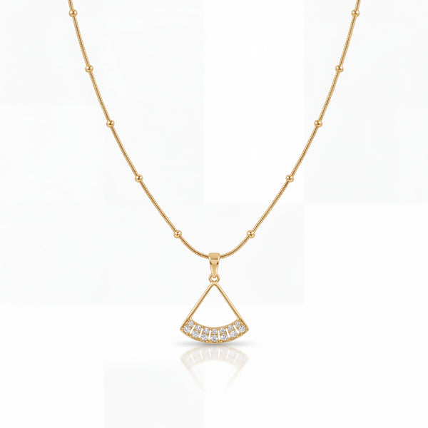 Gold Fan Shaped CZ Pendant Chain Anti-Tarnish Necklace