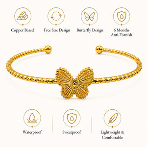 Gold Butterfly Fan Center Open Cuff Kada | Beaded Ball End Stainless Steel Ladies Bangle | Elegant Festive Wrist Jewellery