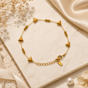 Gold Plated Pyramid Spike Bead Station Delicate Chain Bracelet with Lobster Clasp