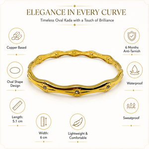 Gold Wavy Ripple Edge Scattered Diamond Oval Kada for Women | Curved Band Stone Stainless Steel Ladies Bangle | Artistic Festive Jewellery