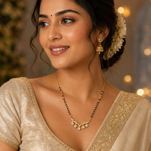 KZ Gold Plated Cascading Floral CZ Mangalsutra for Women Black Bead Chain Multi Drop Dangle Pendant FS