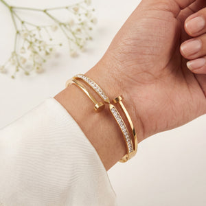 Open Hinged Dual Band CZ Baby Kada Bangle | Gold Plated Pave Stackable Cuff Bracelet for Women