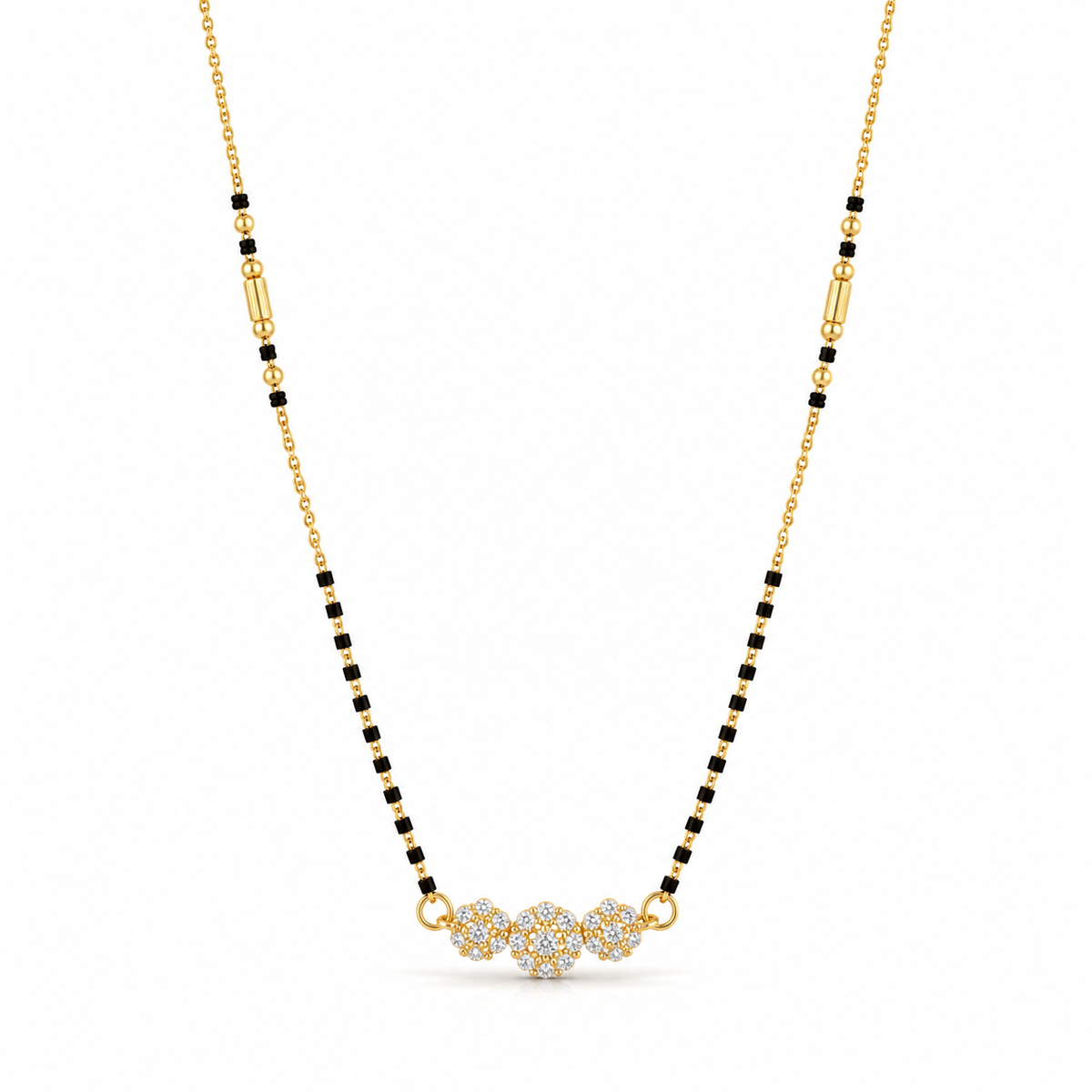 KZ Gold Plated Triple Ball CZ Mangalsutra for Women Black Bead Chain Round Ball Pendant FS