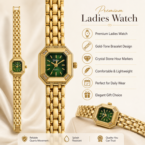 Watches Gold-Tone Square Green Dial Panther Bracelet Watch for Women