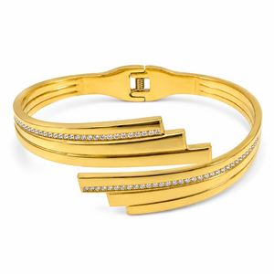 Gold Scallop Edge Diamond Oval Kada for Women | Wave Border Stone Stainless Steel Ladies Bangle | Fancy Design Jewellery