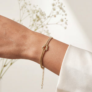 Gold Plated Beaded Ball Chain and White Stone Tennis Chain Bracelet with Love Knot Center
