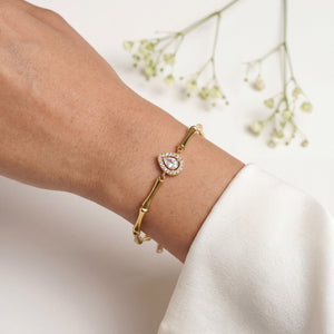 Gold Plated Bamboo Bar Link Bracelet with Side Oval White Stone Halo Accent and Lobster Clasp