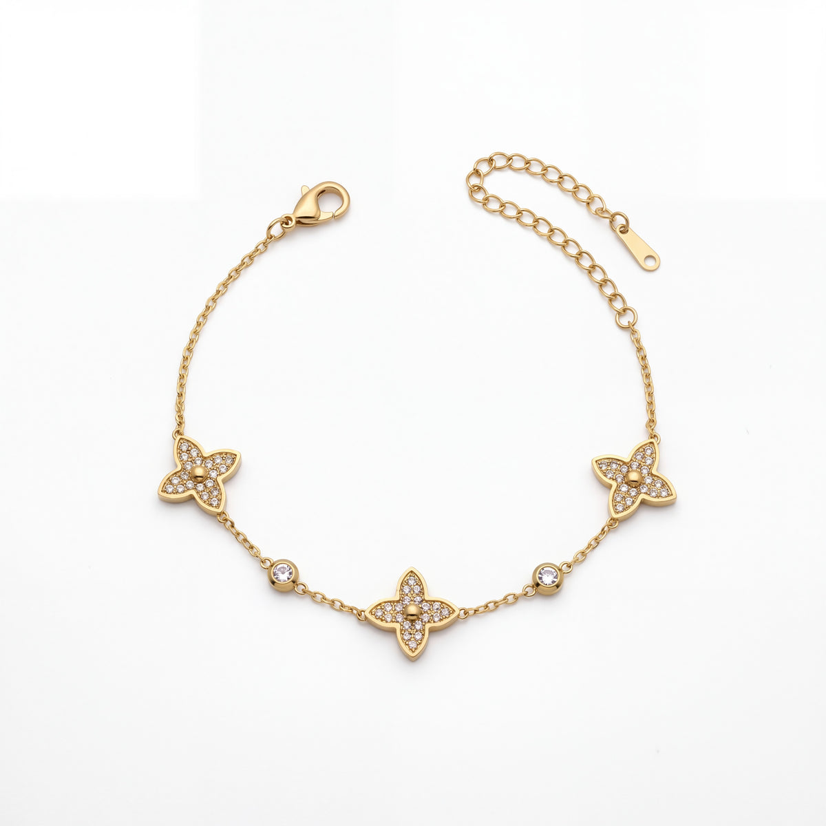 Gold Plated Pave White Stone Quatrefoil Clover Charm Station Chain Bracelet with Lobster Clasp