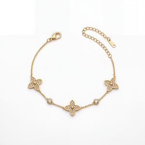Gold Plated Pave White Stone Quatrefoil Clover Charm Station Chain Bracelet with Lobster Clasp